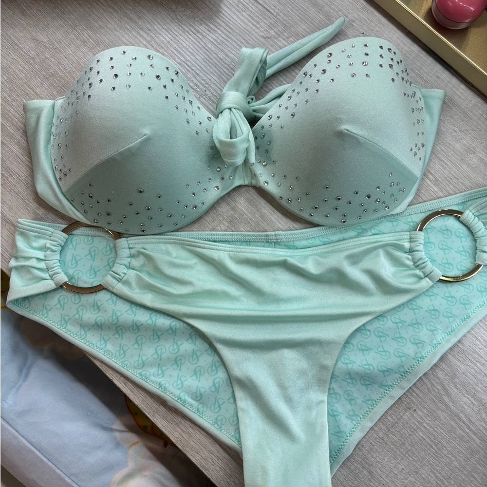 Victoria's Secret Mint Rhinestone Bikini Set Gold Ring